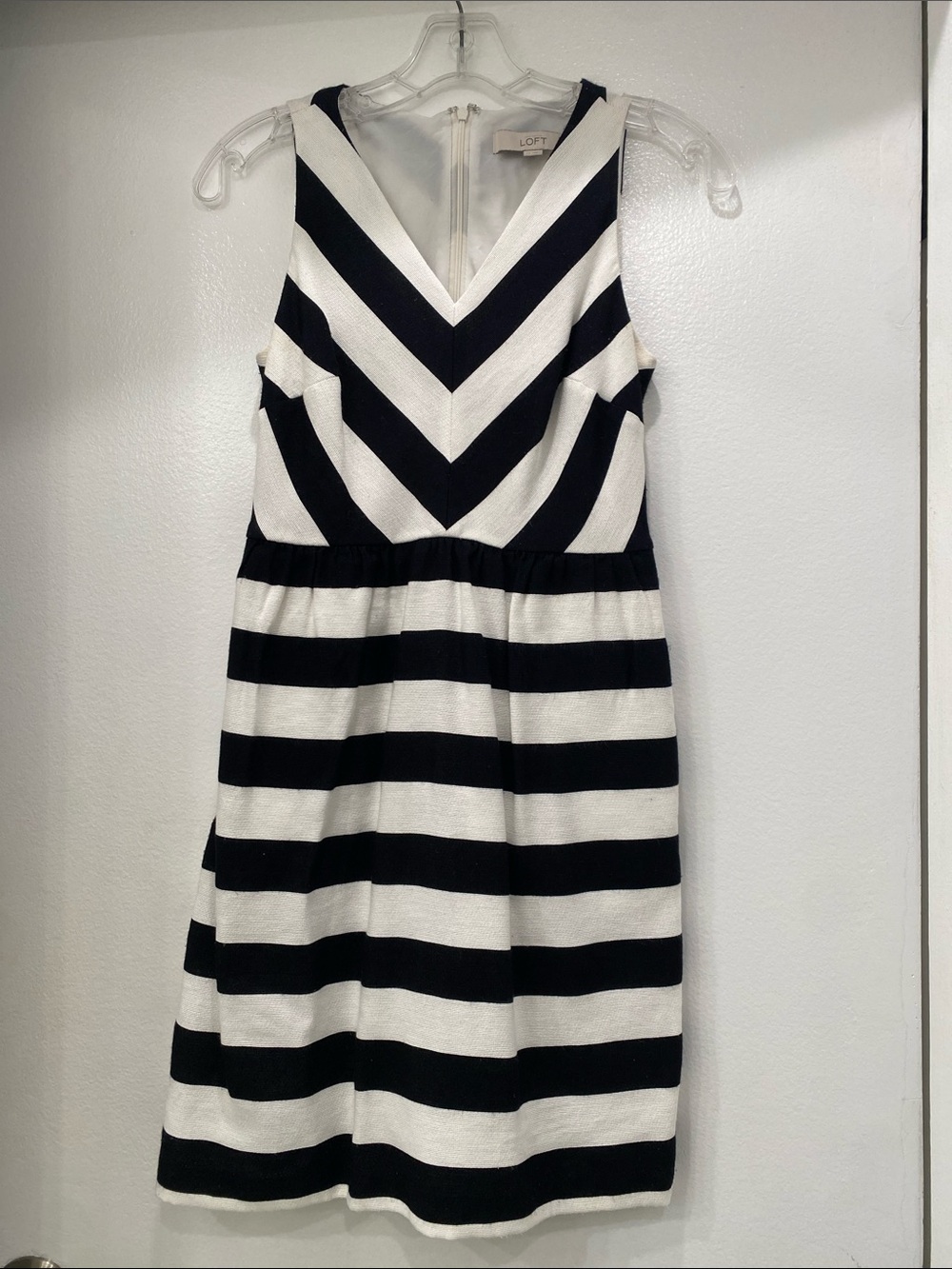 LOFT Black and White Striped V-Neck Dress